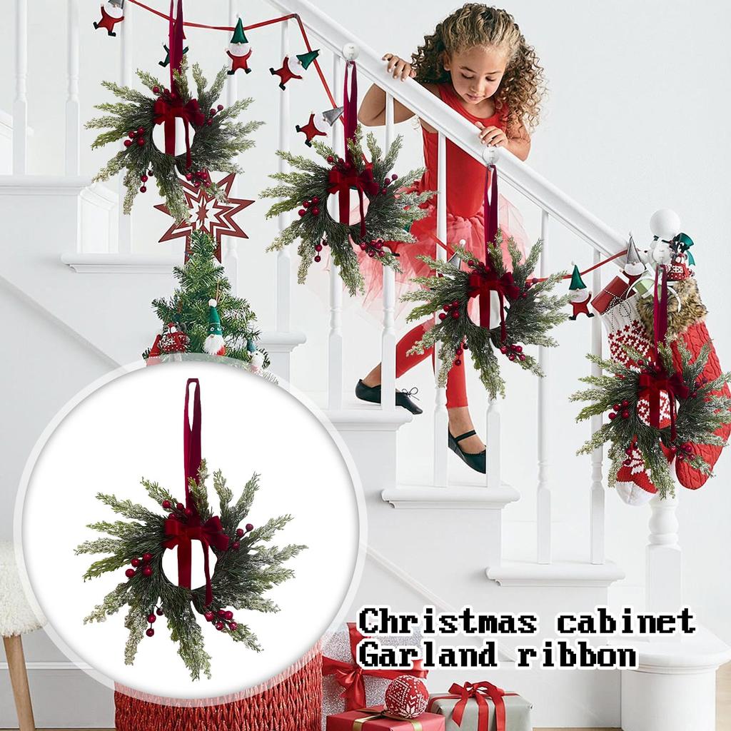 Christmas Kitchen Cabinet Wreaths With Plaid Bow Ribbon Hanging Cabinet Doors Wreaths Decorative For Kitchen Window Outdoor Indoor Holiday Decor