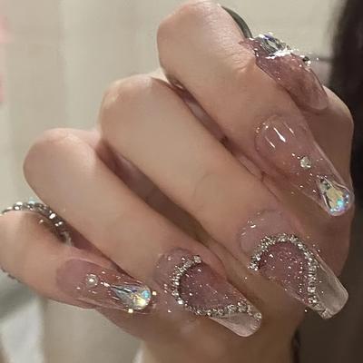 24 Pcs Glossy Nude Pink Heart Press On Nails with Water Drop Rhinestones - Medium Length Valentine's Day False Nails for Women and Girls