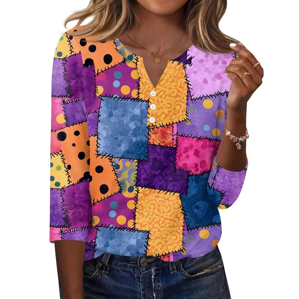 Women's T Shirt Print Button 3/4 Sleeve Daily Weekend Fashion Basic V- Neck Regular Top