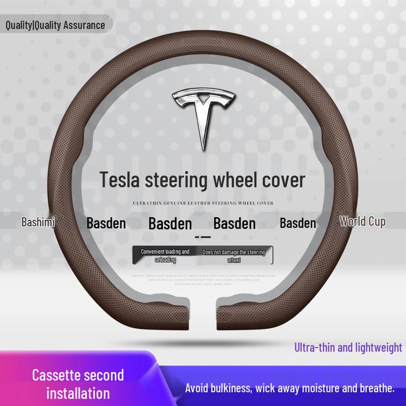 Genuine Leather Steering Wheel Cover for Tesla Model 3, Model Y, Model X, and Model S