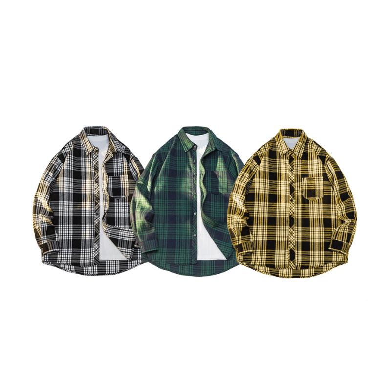 Hong Kong Style Shirt Loose Jacket Men and Women Long Sleeves Falling Shoulder Shirt Versatile Plaid Cardigan Youth