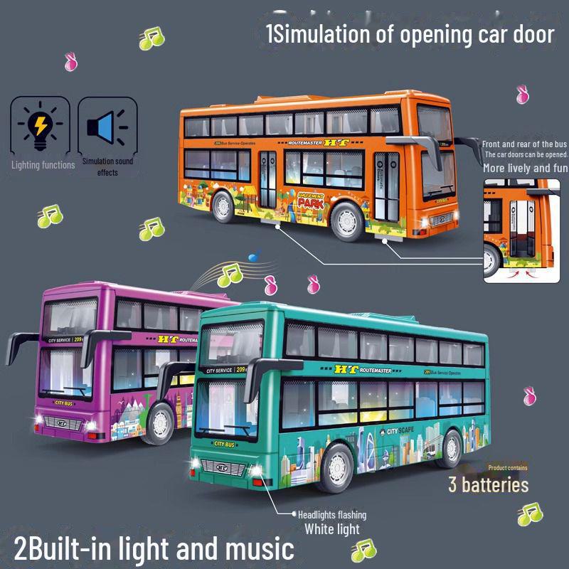 Children's Double-Decker Bus Toy with Open Doors, Lights, Music, and Inertia Simulation for Sightseeing and Public Transport Play.