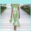 Summer Off Shoulder Print Knit Dress With Splicing Design For Elegant Office Wear