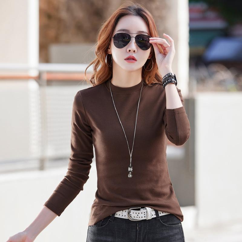 

Жіночі однотонні футболки Футболки з напівводолазкою Білі чорні футболки з довгим рукавом 3XL темно-коричневого кольору