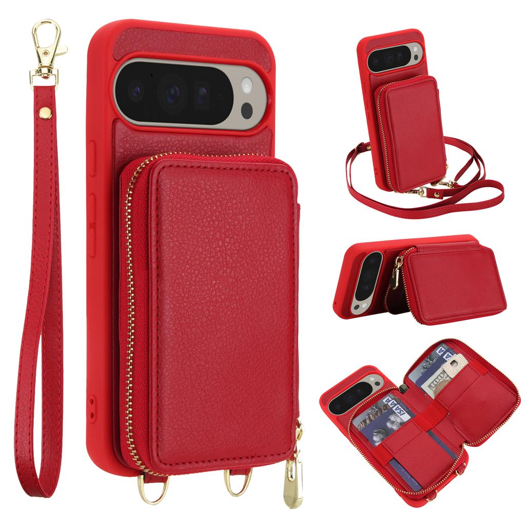 For Google Pixel 9/9 Pro Case RFID Blocking Zipper Wallet Leather + TPU Phone Cover with Shoulder Strap