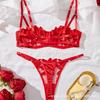 Ropa Interior Sexy de Tirantes con Liguero Bragas Conjunto de Sujetador Bordado Encaje Fruncido Tentación Uniforme Tres Puntos Mujer