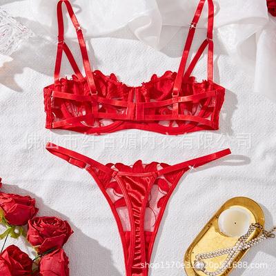 Sexy Sling Suspender Underwear Panties Embroidered Bra Set Lace Gathering Temptation Uniform Three-point Woman