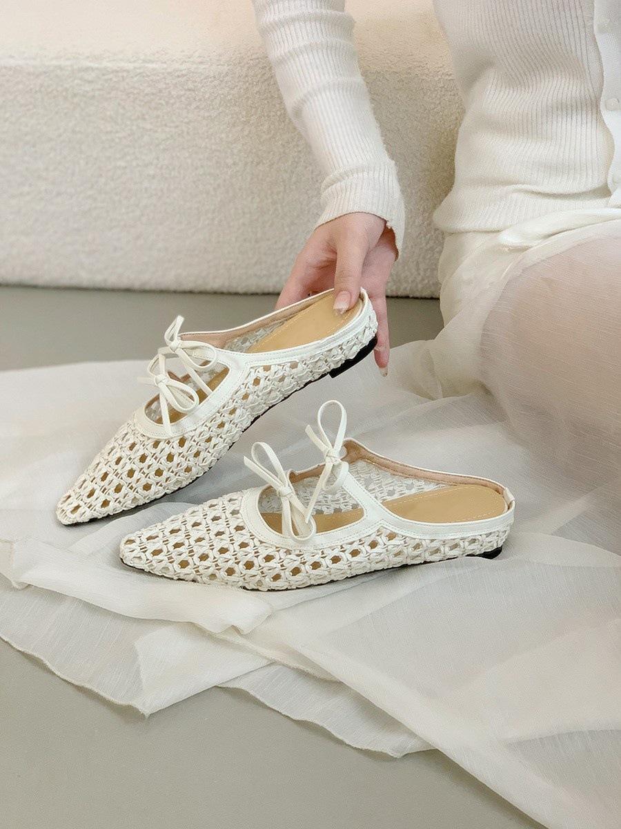 

French woven bag head half slippers women s summer wear new bow Mary Jane hollow hole shoes platform sandals 42
