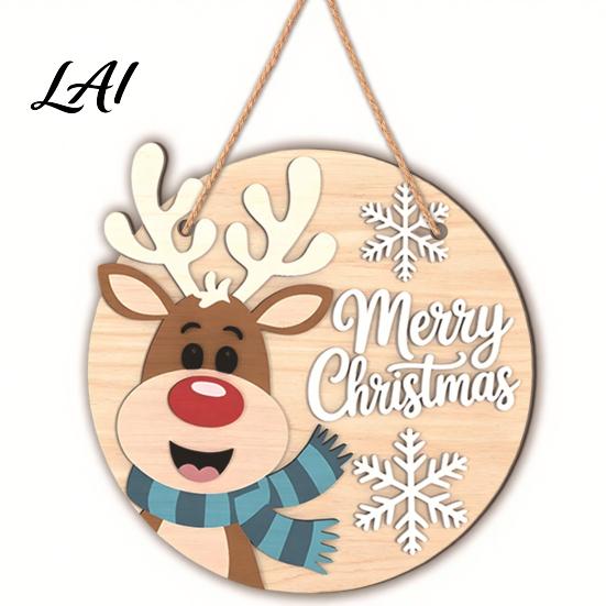 Christmas Party Atmosphere Decor 2D Wooden Door Hanger Ornaments Santa Snowman Reindeer Welcome Wall Cute Elk Holiday Ornaments Sign Rustic