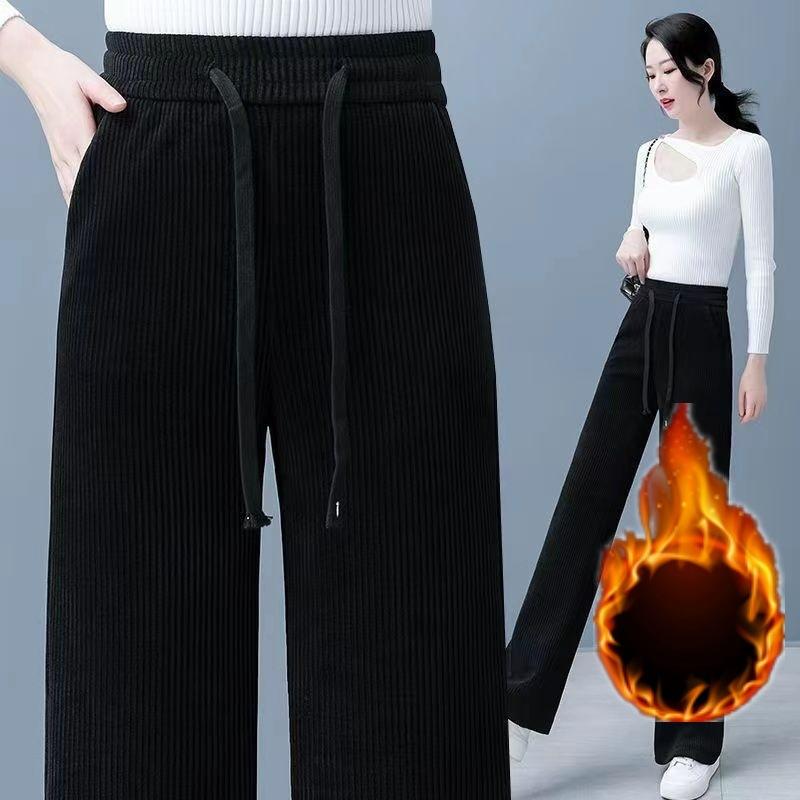 Women's Spring High Waist Corduroy Wide Leg Pants Drawstring Loose Full Length Straight Trousers Slimming Drape Casual Pants