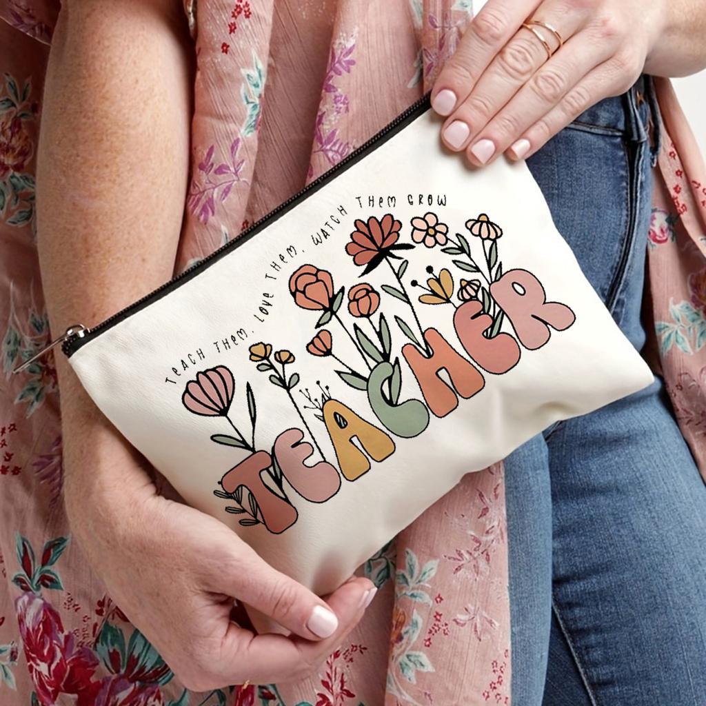 1pc Teach Them, Love Them, Watch Them Grow Print Teacher Cosmetic Bag, Women Makeup Bag Pouch Travel Toiletry Organizer, Back To School Teacher Gift