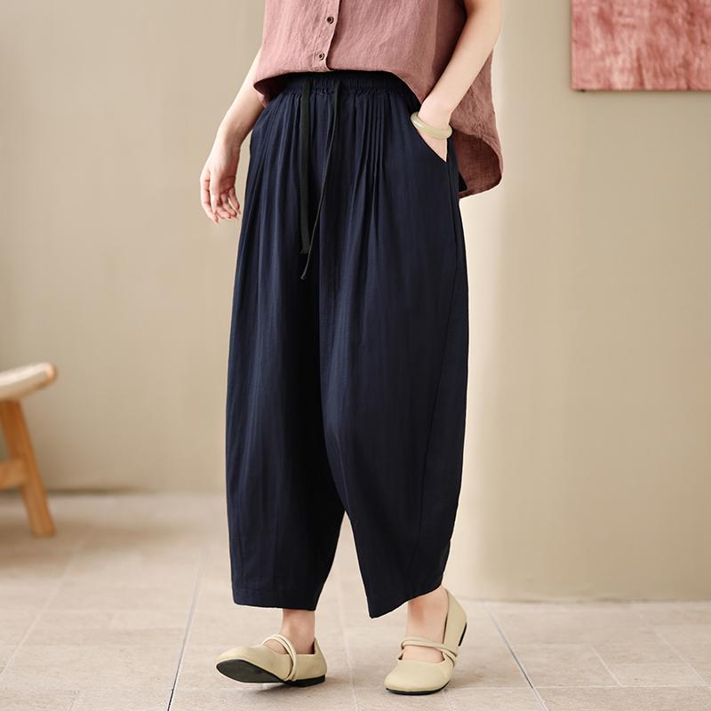 DIMANAF 2026 Summer New Plus Size Women Elastic Waist Long Pants Cotton Linen Loose Vintage Casual Lady Bottoms Clothing