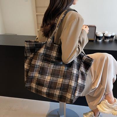 Autumn and Winter Woolen Plaid Large Bag Women's New Tote Bag College Style Casual Large Capacity Shoulder Bag