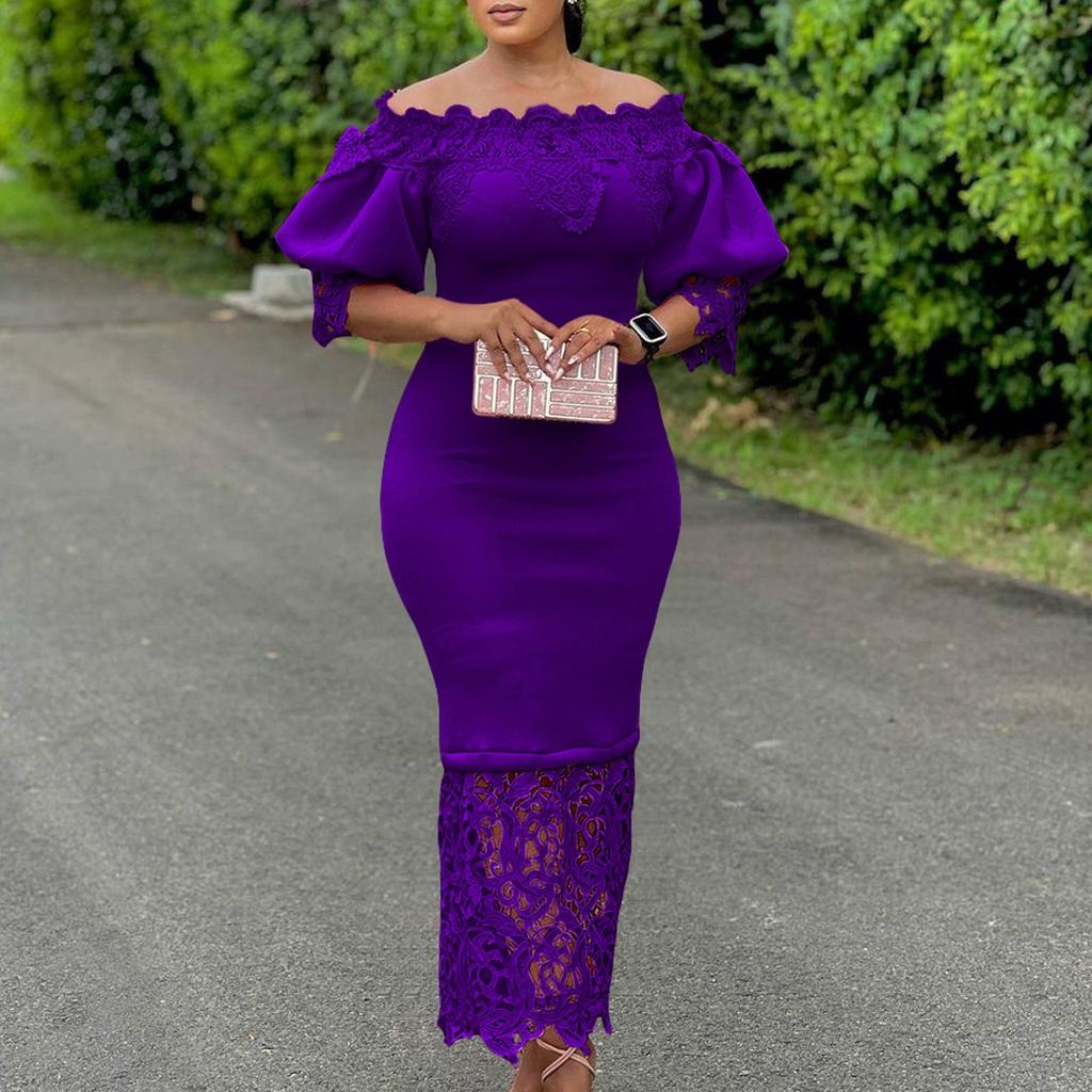 Abiti Scollati Donna Eleganti Maniche a Lanterna Patchwork di Pizzo Tubino Pacchetto Fianchi Lunghezza Caviglia Vestito di Compleanno