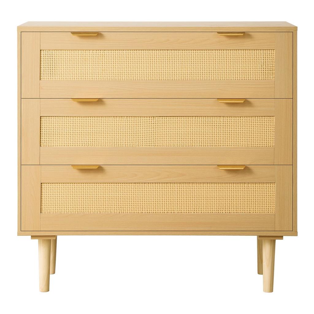 3 Drawer Rattan Dresser, Modern Closet Dresser for Bedroom, Natural Rattan Chest of Drawers with Metal Handles & Wooden Legs, Chest Clothing Organizer