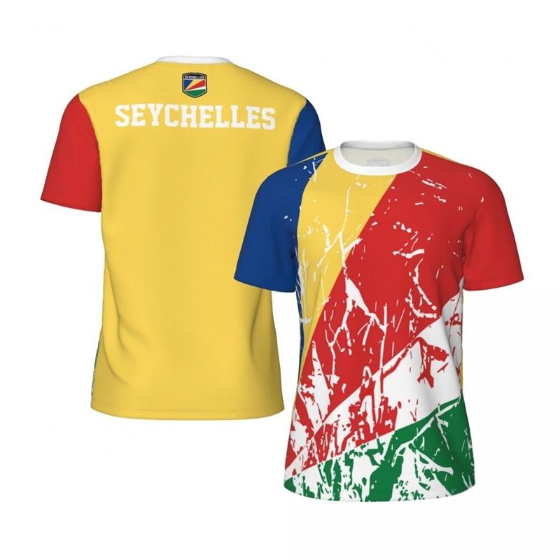 Seychellerna Flagfotboll T-shirts för Män Mode Sommar Nationalemblem 3D-tryckt Tröja Casual Snabbtorkande Andningsbara T-shirts Toppar
