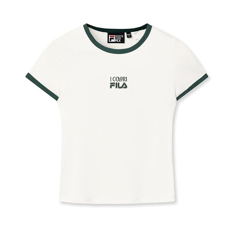 FILA Original Ribbed Color Block Simple Classic Fashion Retro Sports Casual Versatile Comfortable Fitted Knit Short Sleeve T-Shirt F51W629101FWT XS