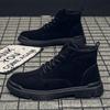 Winter black front strap men's casual solid color round head sewing line winter fashion flat heel Martin boots