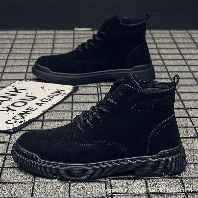 Winter black front strap men's casual solid color round head sewing line winter fashion flat heel Martin boots