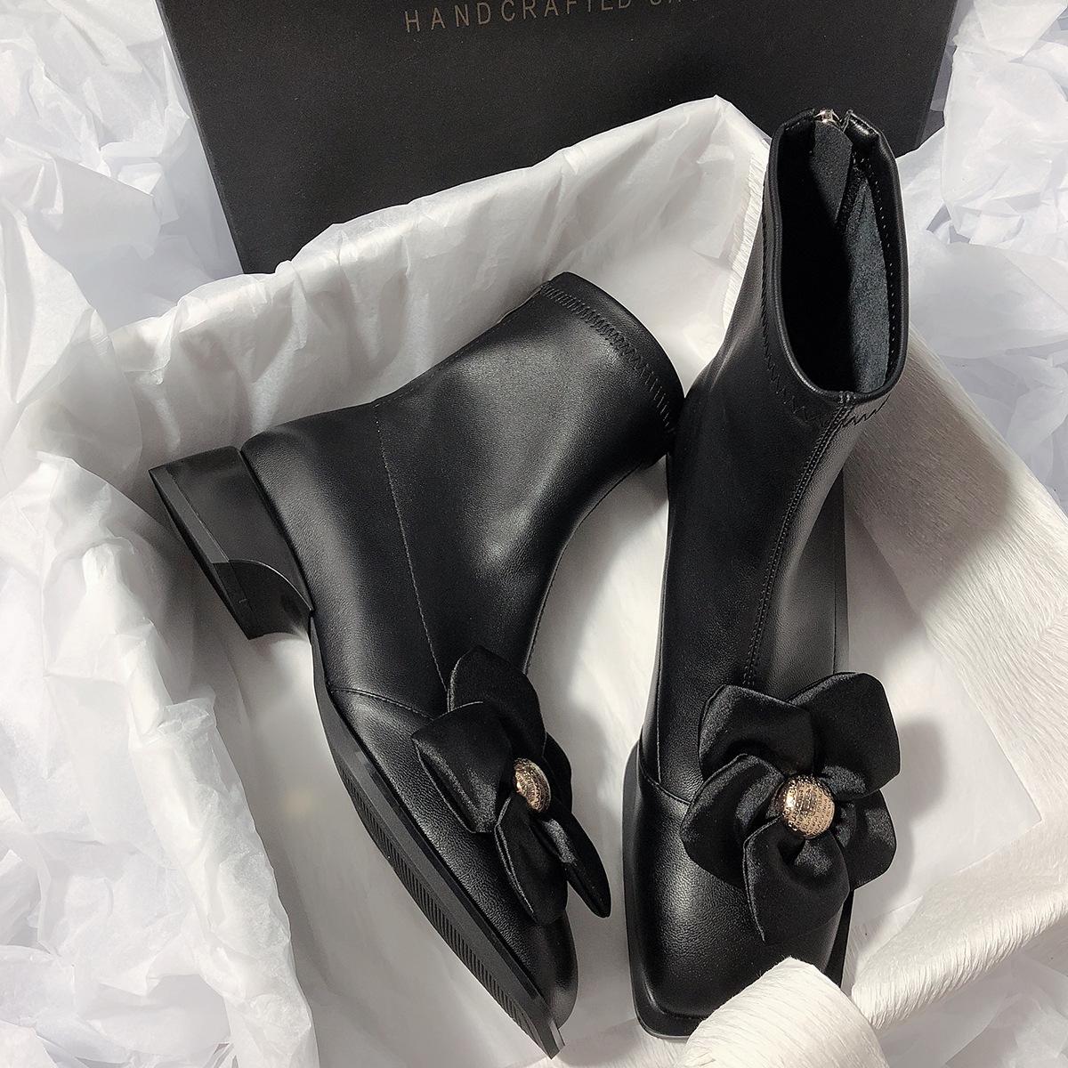 

Модная весенне-осенняя классическая женская обувь Модный тренд Цветочный декор Молния Низкий каблук Модные ботинки Квадратные ботинки на платформе 39 чёрный