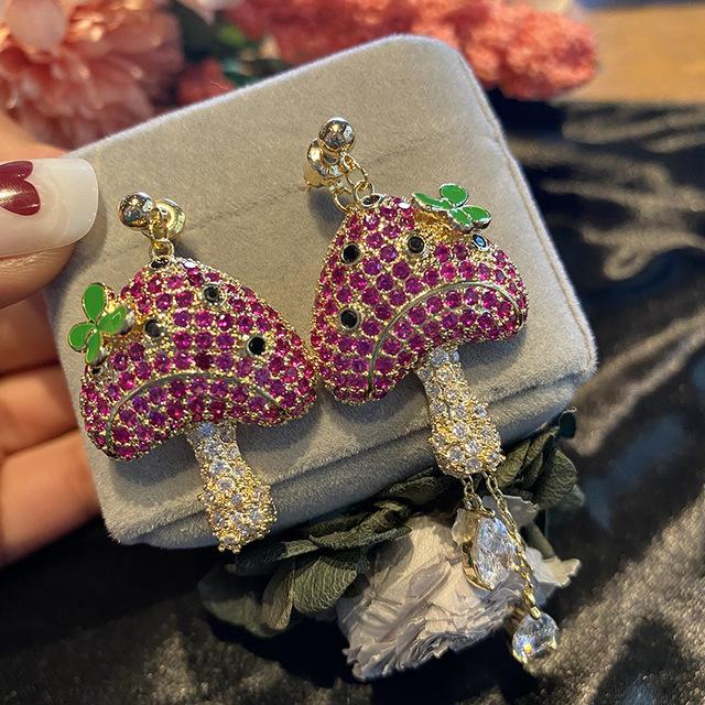 

Серьги-капли из серебра 925 пробы с милыми грибами и цветочными кисточками для женщин, красочные висячие серьги с кубическим цирконием розовый