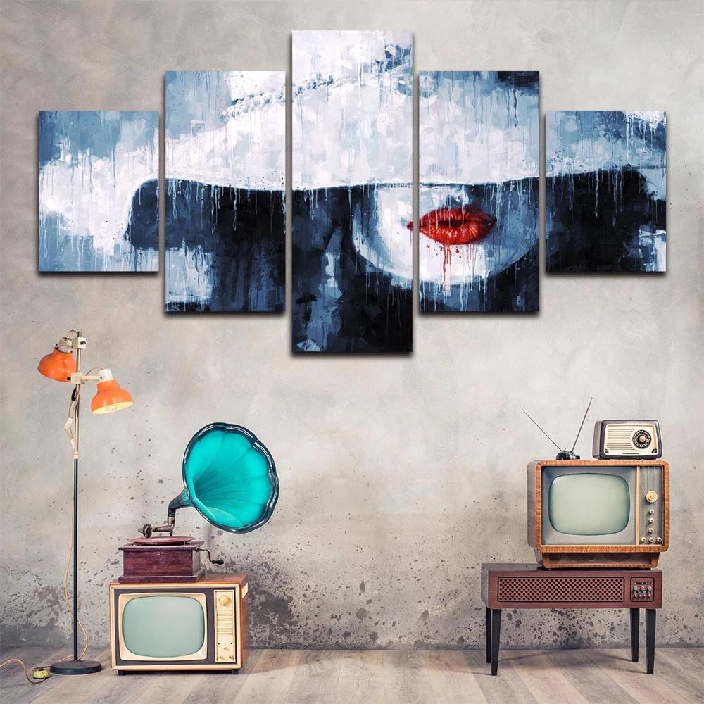 Modular Red Lips Woman Poster 5 Pieces Abstract Picture Modern Wall Art Prints Painting Home Decor Living Room Framework Canvas