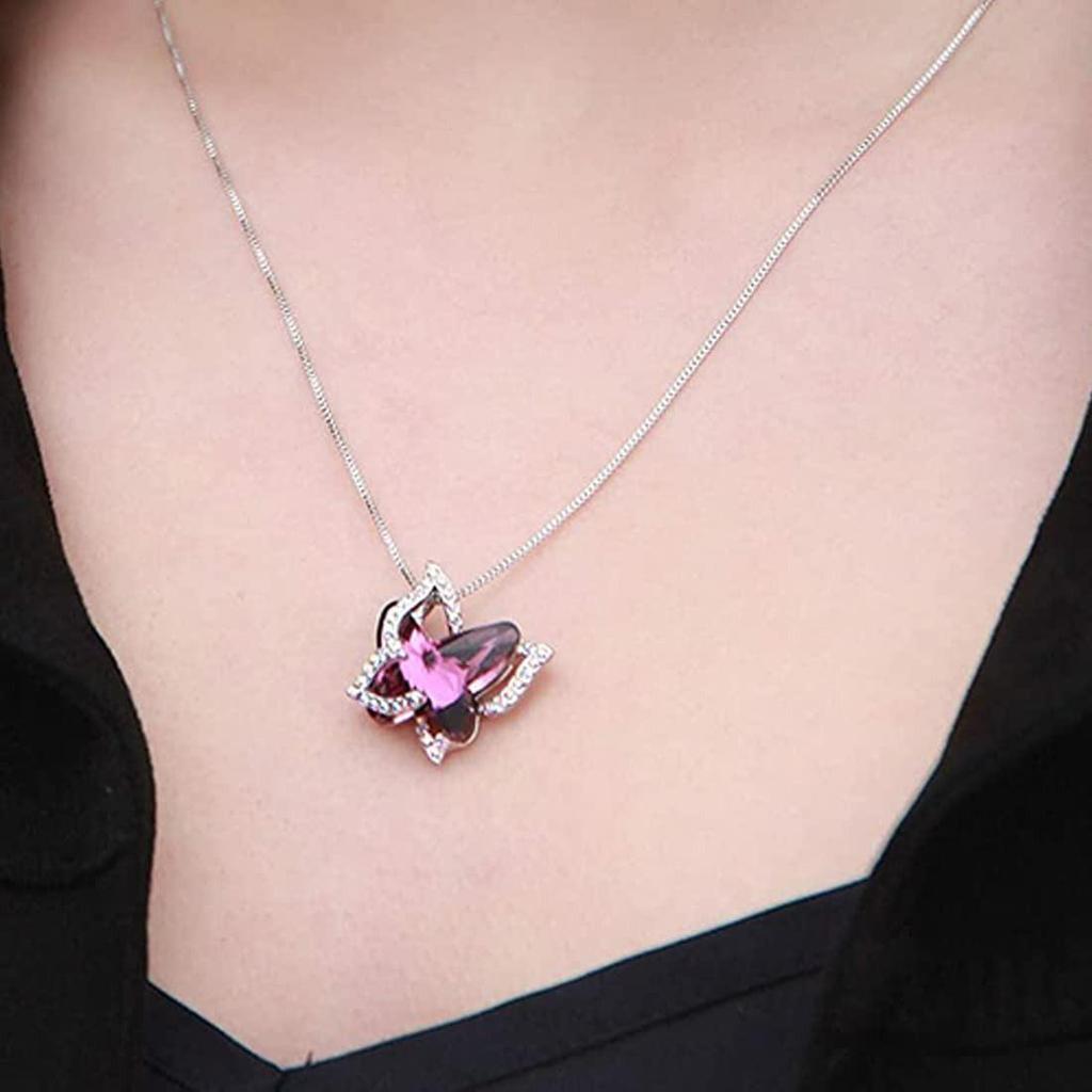Crystal Shiny 3D Effect Butterfly Chain Pendant Necklace for Women And Girls