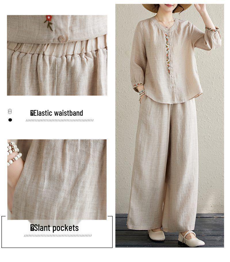 Plus Size Women's Cotton Linen Embroidered Two-Piece Set - Spring Fashion