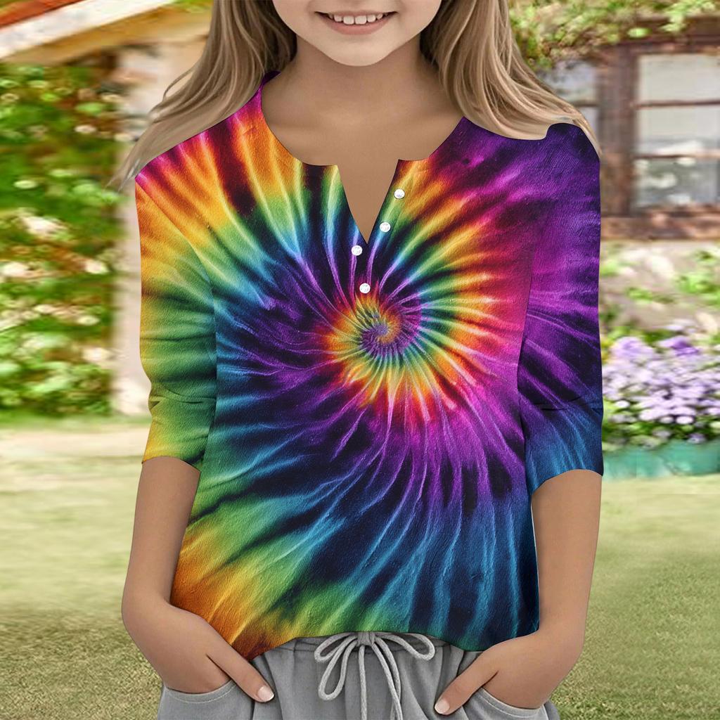 Print Tops For Youth Girls V Neck Button 3/4 Sleeves T-Shirts Trendy Tops Outfit Tees