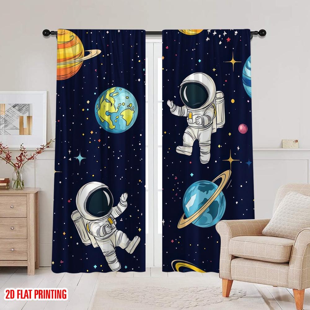 2D flat printing 2pcs Window Curtains Cartoon Funny Spaceman Versatile Polyester Fabric  Without Electricity Spring Party &