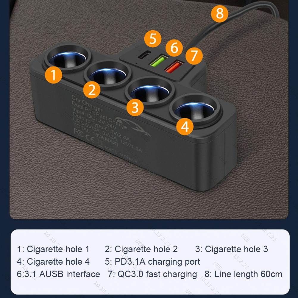 Phone Power Adapter QC3.0+PD 3.1A 120W Car Cigarette Lighter Socket Splitter Plug 4-Socket 3 USB Ports USB Phone Charger Adapter