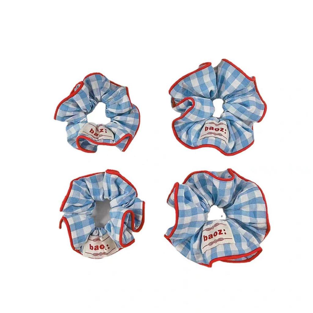 Korean Style Red & Blue Color Block Plaid Hair Tie – Cute Childlike Large Scrunchie