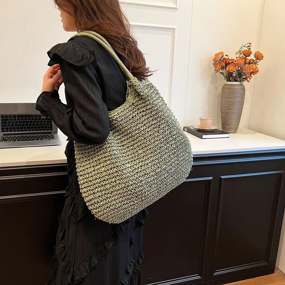 Women Straw Tote Handbag Large Capacity Vintage Shoulder Bag Solid Color Crochet Beach Handbag Ladies Summer Daily Bag