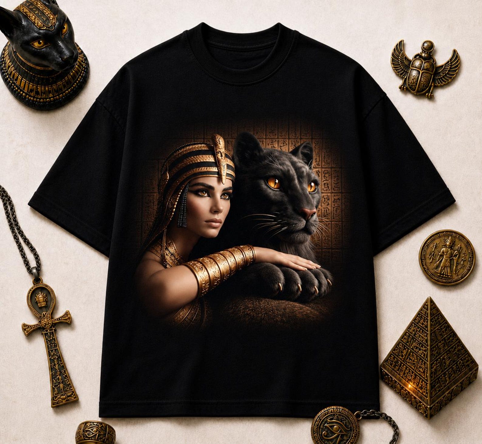 Egyptian Queen & Panther T-Shirt – Cleopatra Goddess Black Panther Gold Graphic Tee S