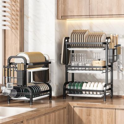 Kitchen Dish Drying Rack Organizer 2/3 Tier Countertop Storage Shelf with Utensil Holder Drainboard for Plates Bowls Cutlery