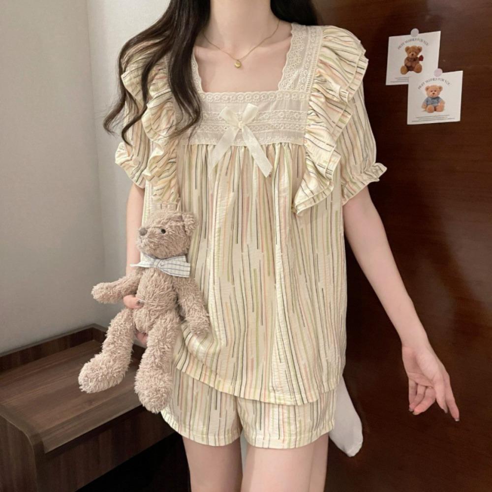 New Korean Version of Short-sleeved Pajamas for Women 2024 Summer Sweet Bubble Student Home Clothing Set