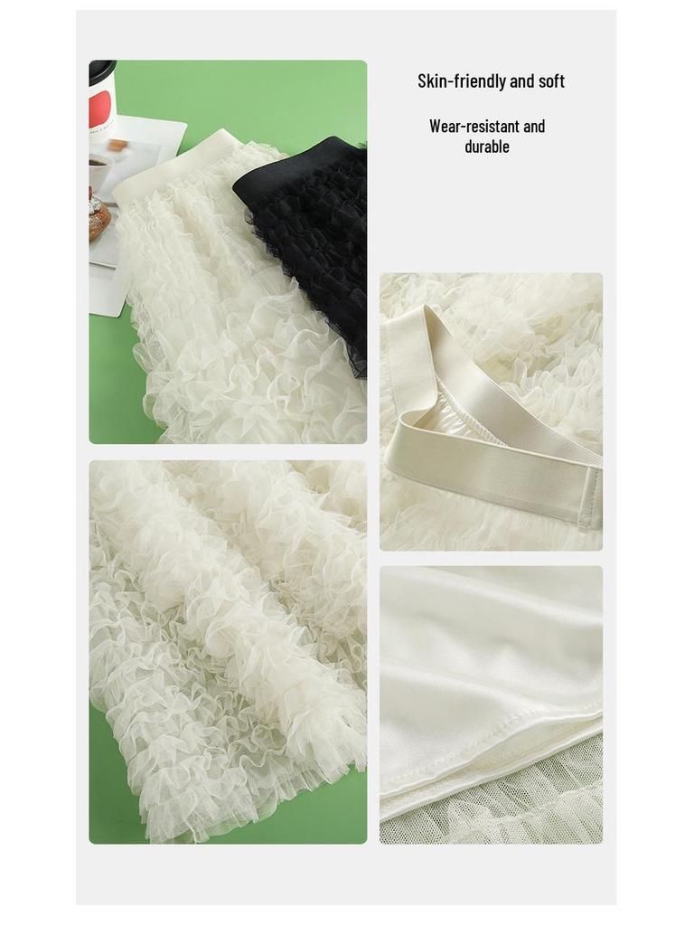 Elegant Mesh Fluffy Cake Skirt - Spring 2026 A-Line Midi with Wide Hem