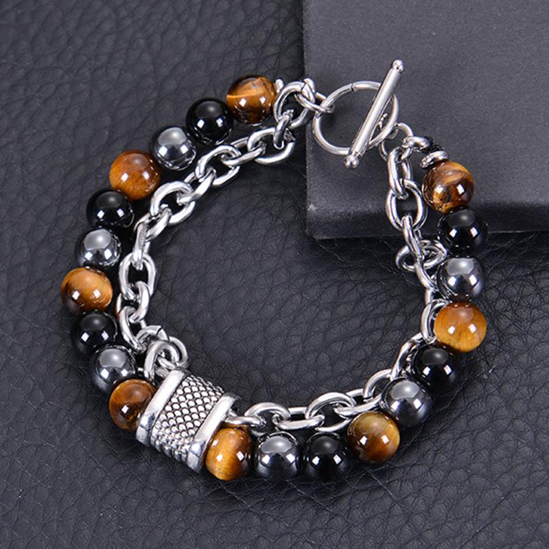 2025 Men's Double Layer Tiger Eye & Black Magnetic Stone Stainless Steel Bracelet with OT Buckle