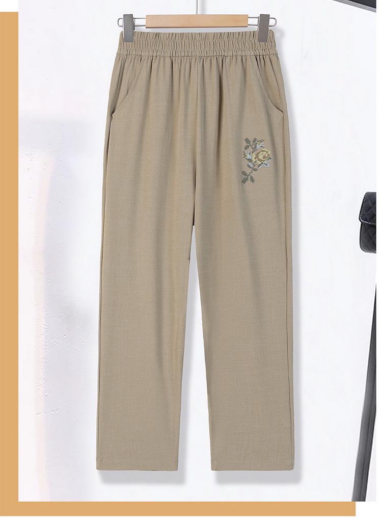 

Mom s Summer High-Waisted Elastic Straight Leg Embroidered Pants for Middle-Aged Women 4XL 67.5-75 kg кавовий