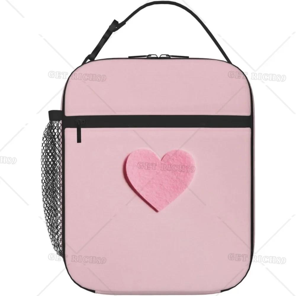 Cute Love Heart Pink Lunch Bag for Women Men Valentine's Day Theme Reusable Insulated Cooler Box for Work Office Picnic