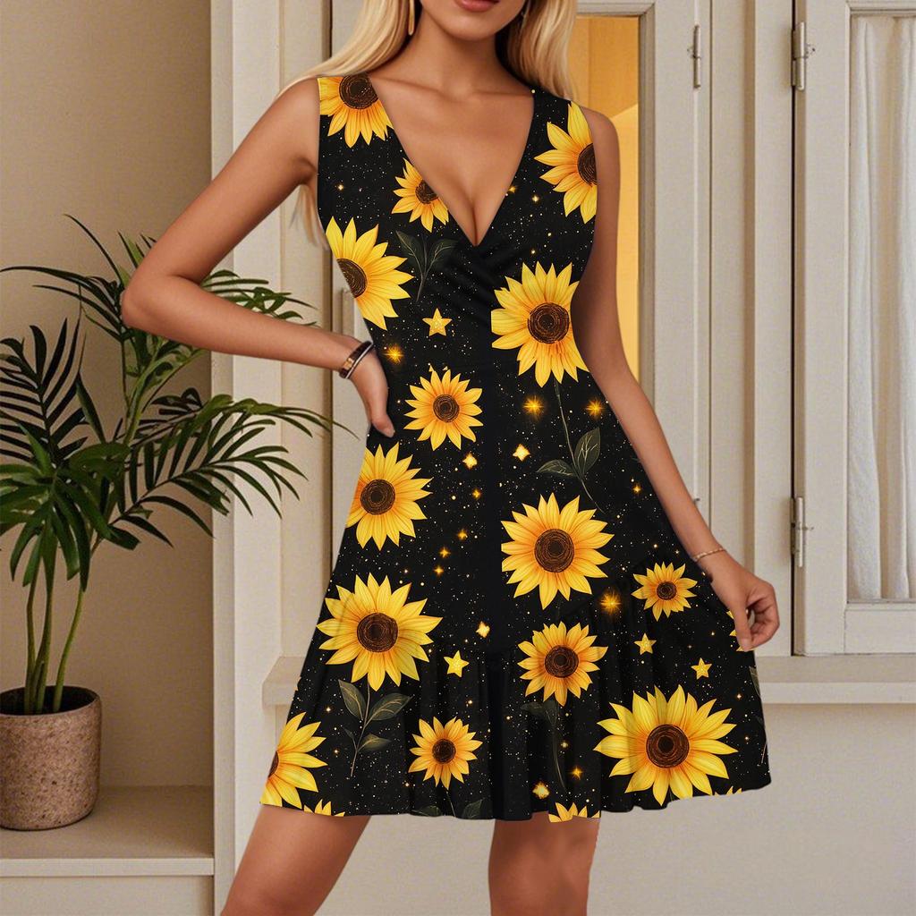 Women's Summer Dress V Neck Sleeveless Casual Floral Print Hem Pleated Dress