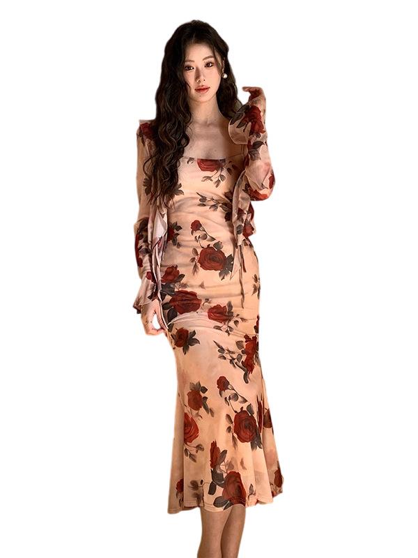 Women's Slim Waist Sleeveless Spring Print Two-Piece Dress