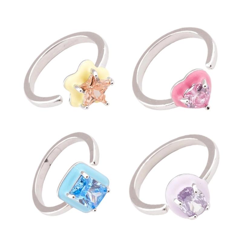 Elegant Square/Star/Heart/Oval Adjustable Ring Cubic Zirconia Embellished Copper Jewelry Trendy Stackable Accessory
