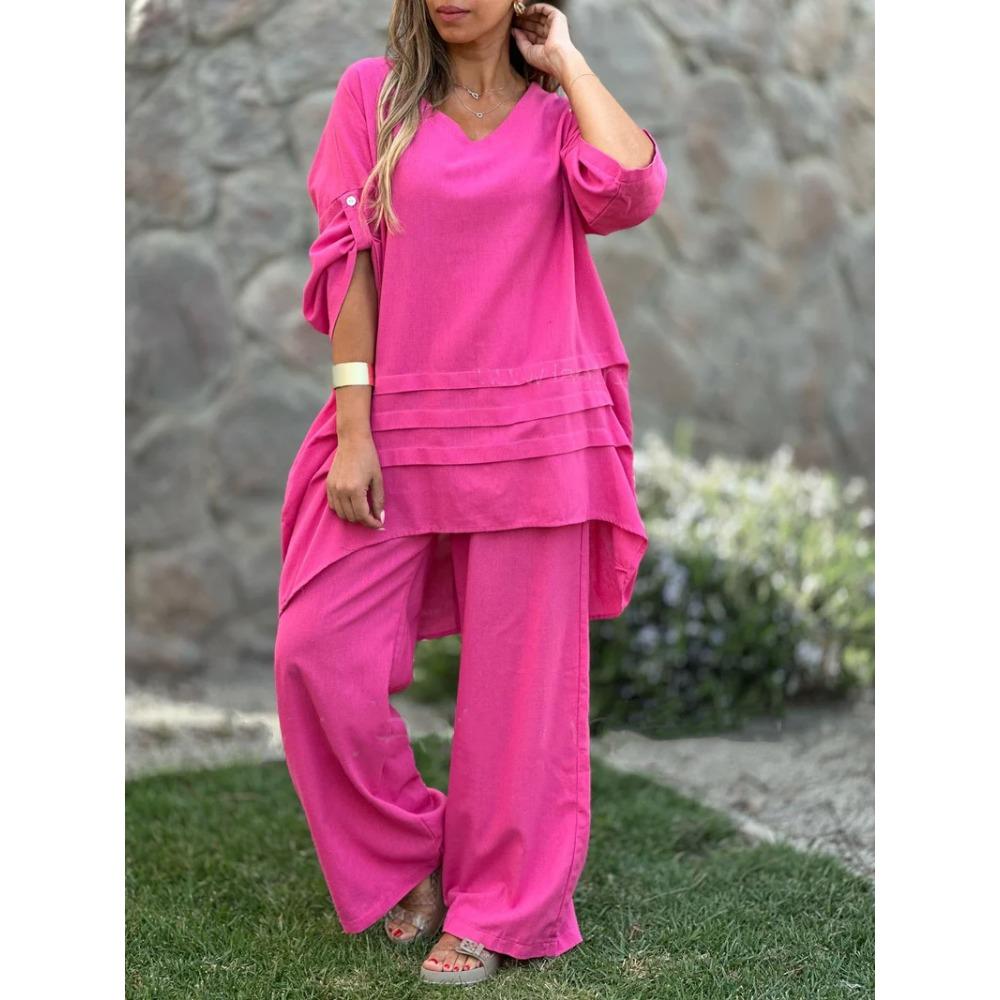 

Весенний новый женский комплект из двух предметов: рубашка и брюки большого размера, рубашка, брюки с высокой посадкой, свободного кроя S розы красного