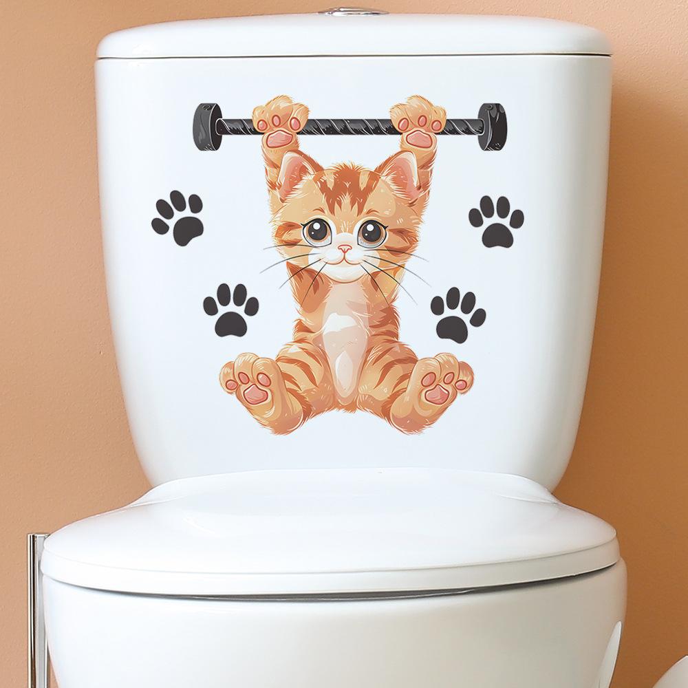 Fitness Kitten Toilet Seat Sticker Bathroom Decor Playful Removable Self-Adhesive Decal