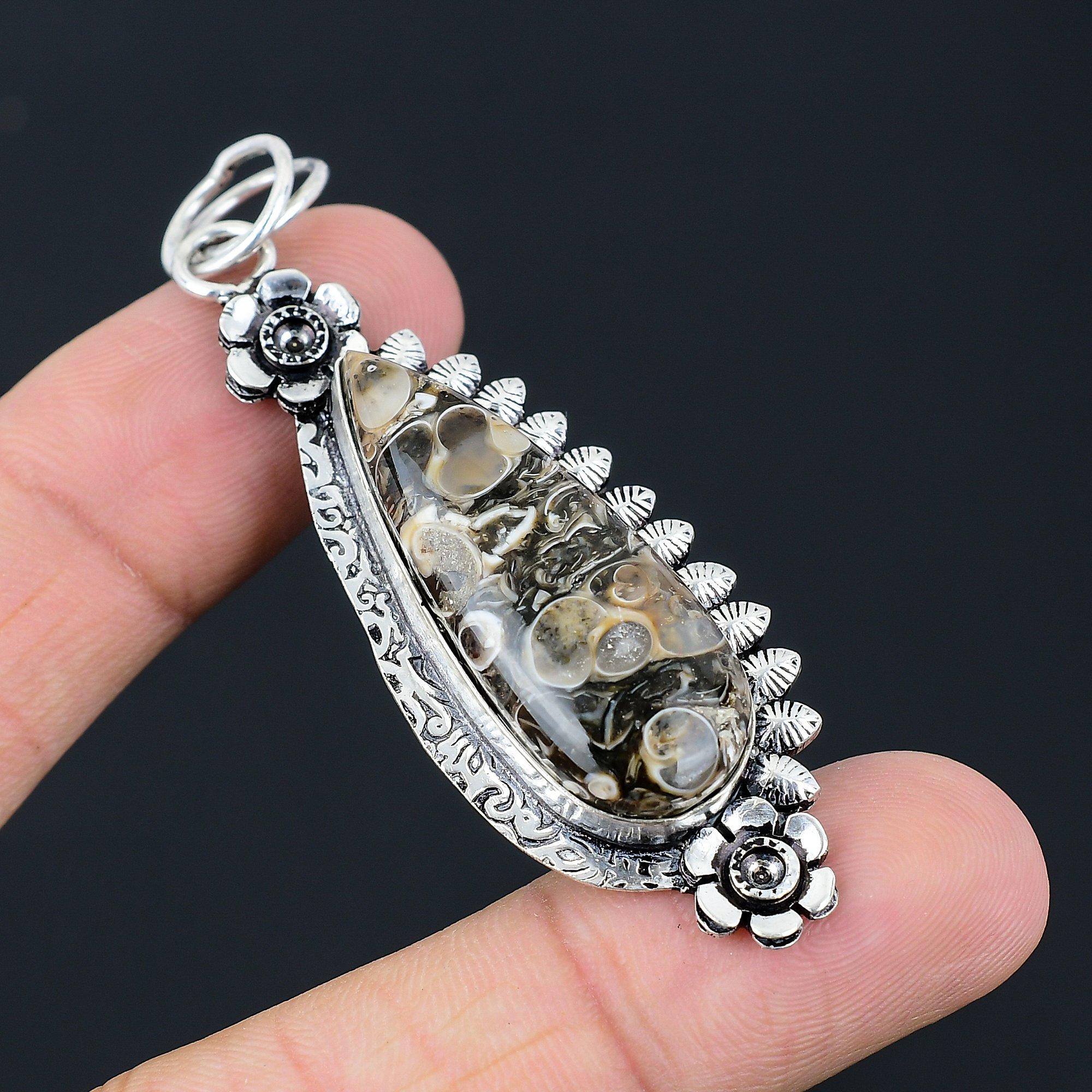 Daughters Day Sale Turritella Agate Stone Boho Flower Pendant Sterling Silver