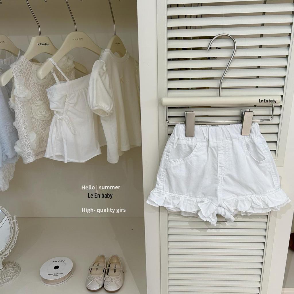 Leenbaby Spring/Summer Pink Halter Tank & White Ruffle Shorts Set for Girls