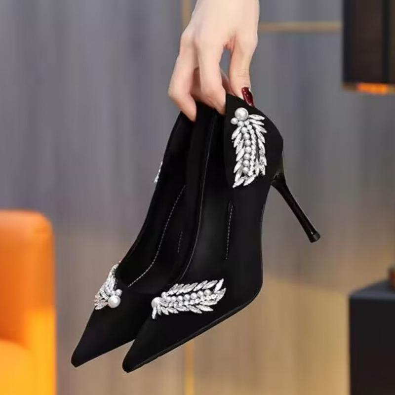 Fashion Temperament Stiletto Single Shoes Autumn New Pointed Toe Shallow Suede Slip-on Non-Slip Pearl Sequin Heels