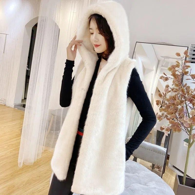 

Женский жилет из искусственного меха, осенне-зимний новый верхний жилет с капюшоном, средней длины S белый