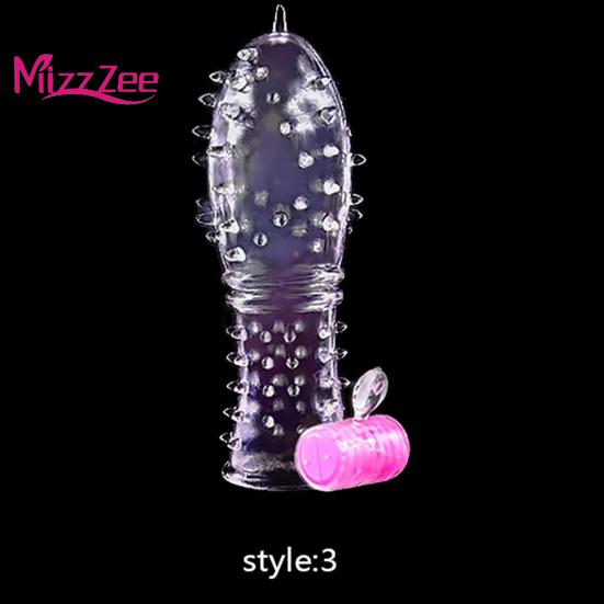 Mizz Zee Vibrator Condom Penis Dotted Thread Clear Lock Extension Sleeve Ring Sex